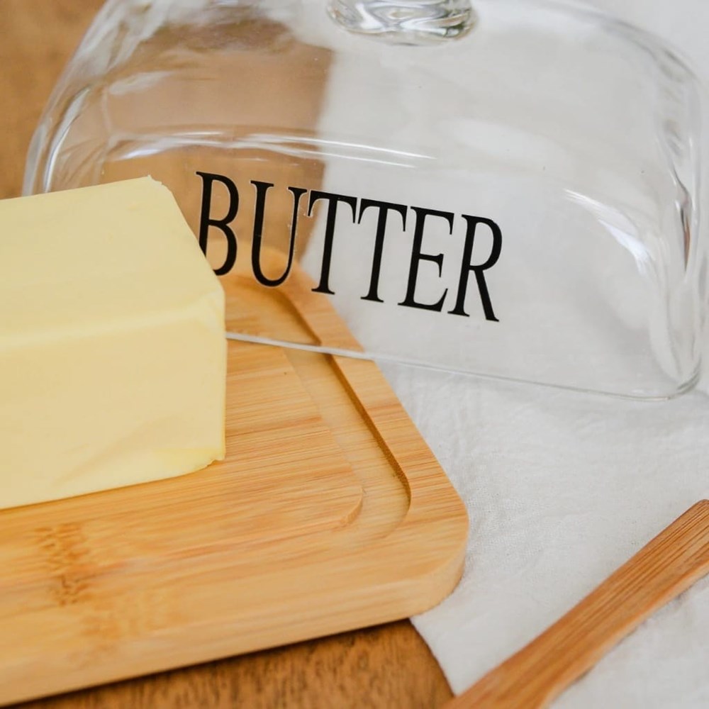 Glass Butter Dish with Wooden Base | Full House Lebanon