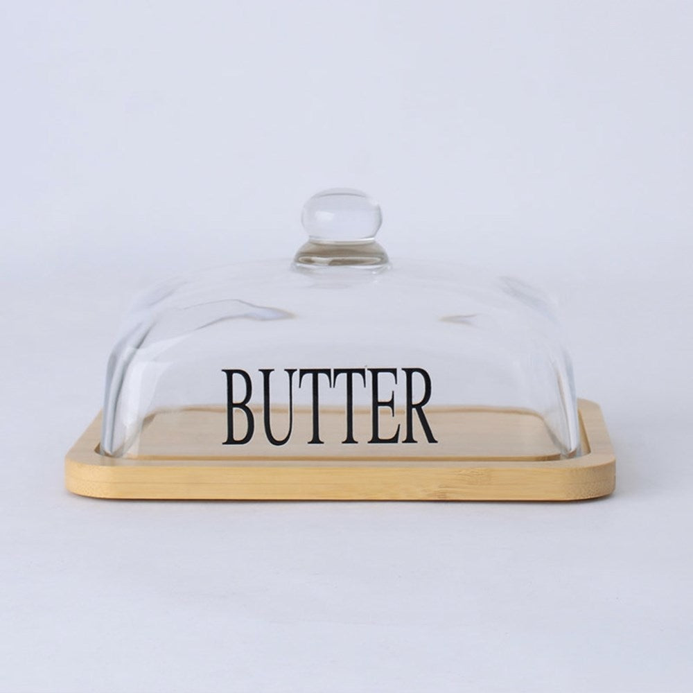 Glass Butter Dish with Wooden Base | Full House Lebanon