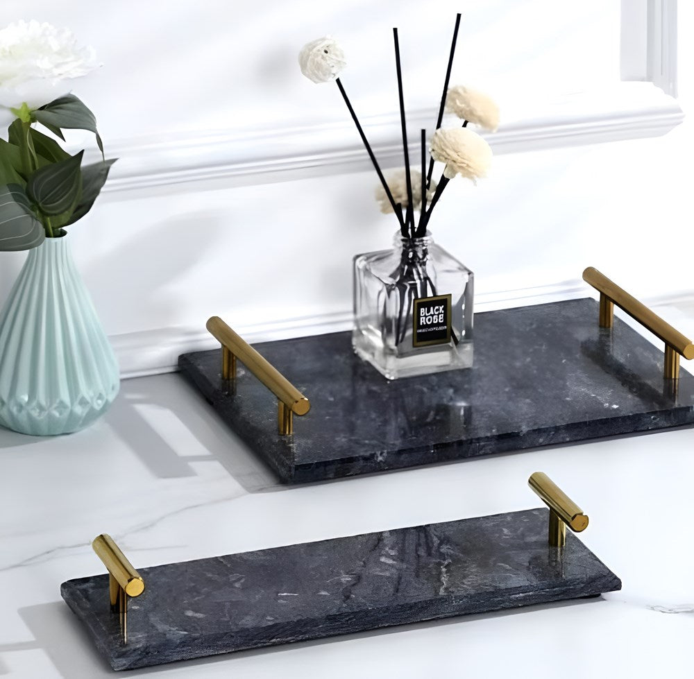 Marble Tray with Gold Handles - Grey | Full House Lebanon