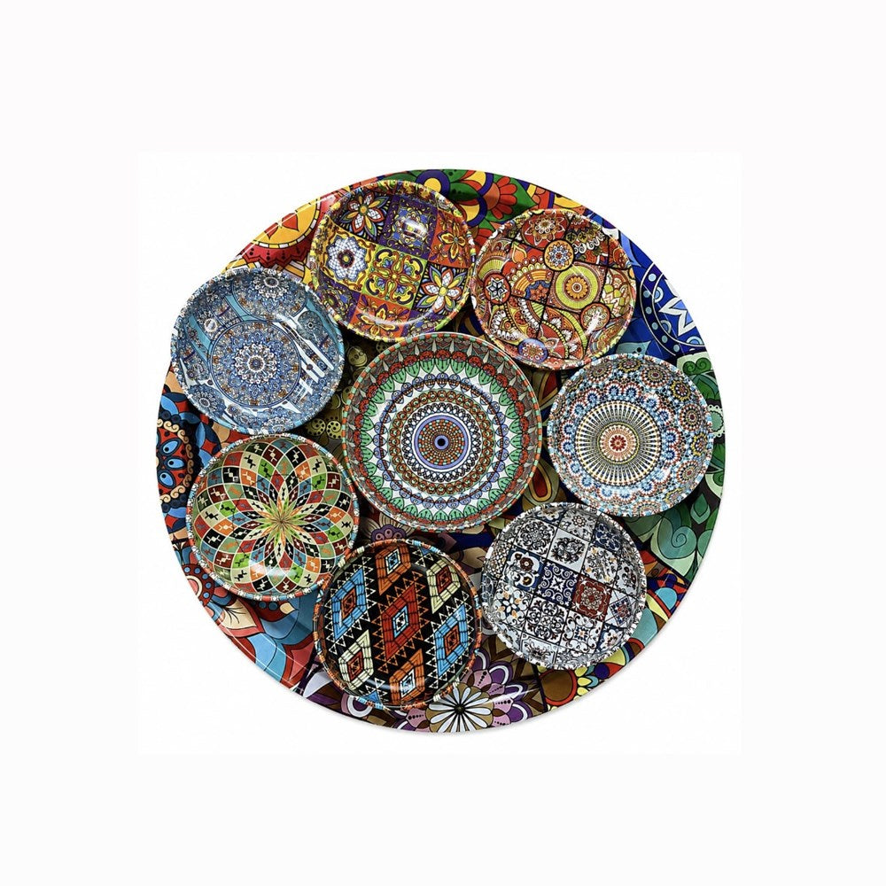 Round Metal Printed Tray with  Serving Bowl Set (8 Pcs)