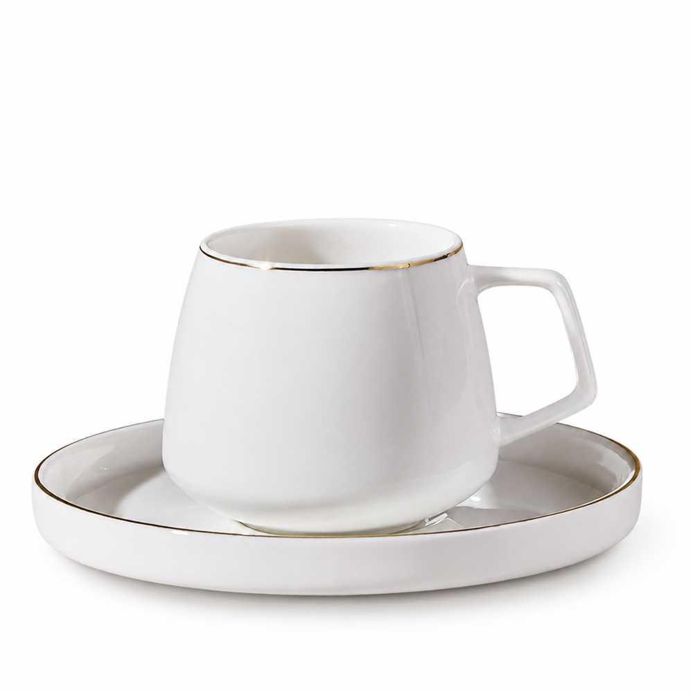 Elegant Stackable White Tea Cup & Saucer Set with Gold Rim | Full House Lebanon