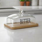 Glass Butter Dish with Wooden Base | Full House Lebanon
