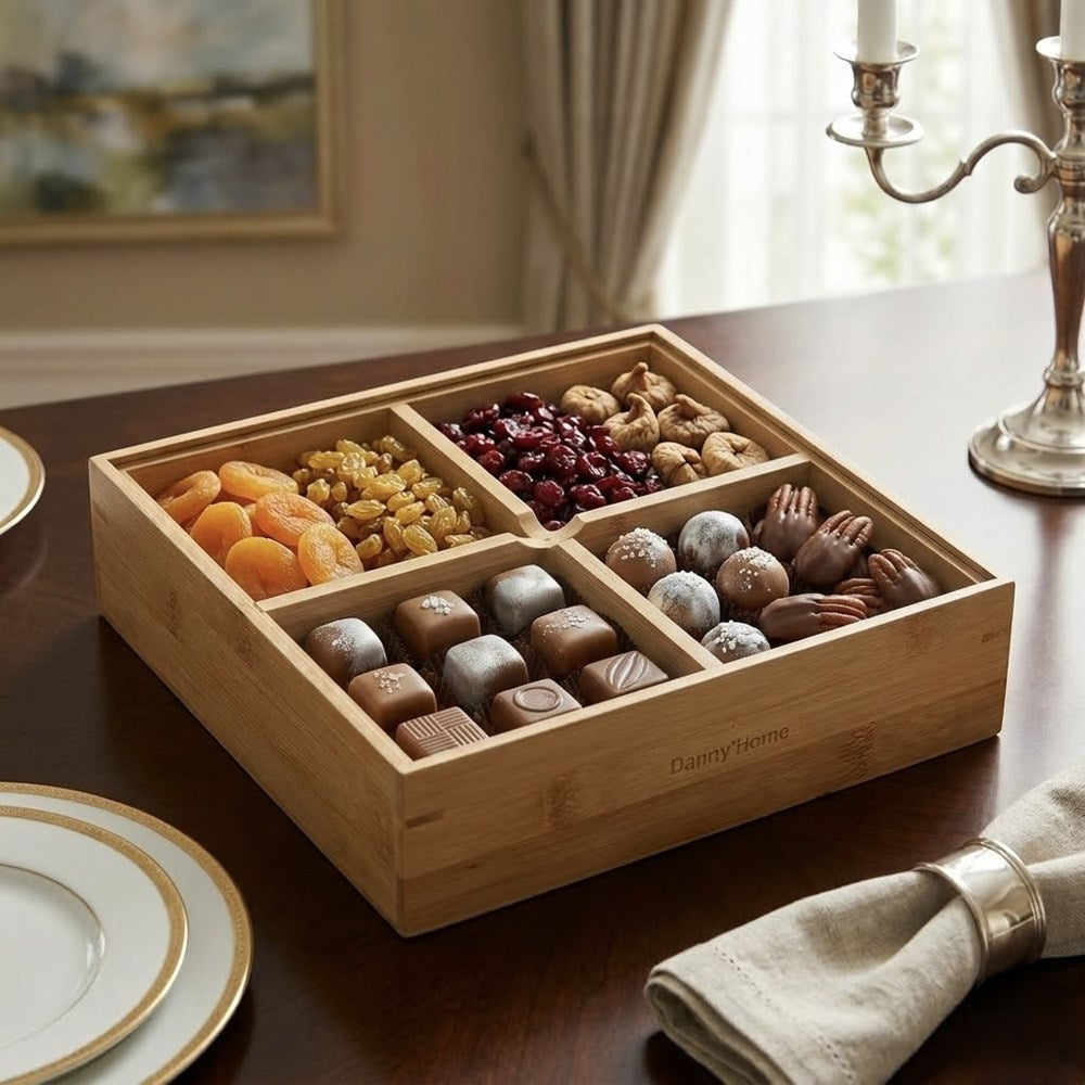 4-Compartment Bamboo  Square Snack Serving Tray with Lid | Full House Lebanon