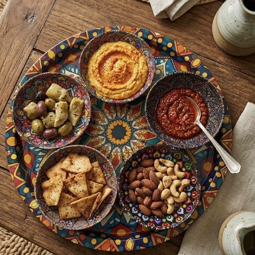 Round Metal  Printed Tray with 5 Bowls Set | Full House Lebanon