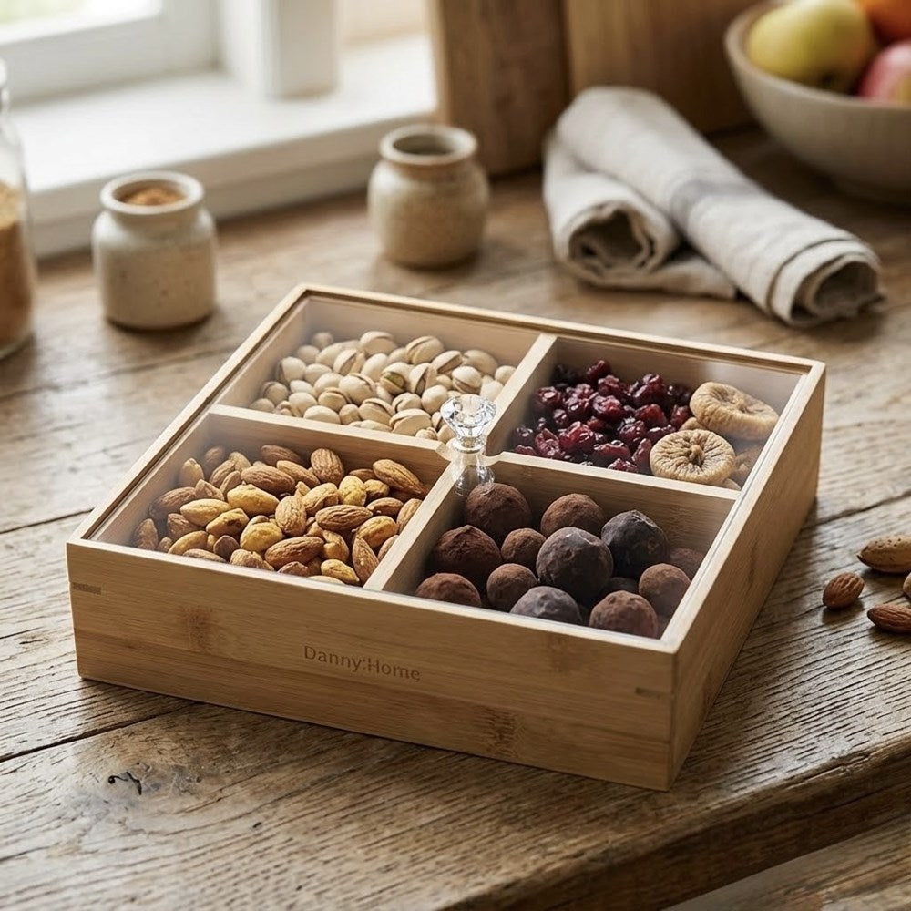 4-Compartment Bamboo  Square Snack Serving Tray with Lid | Full House Lebanon