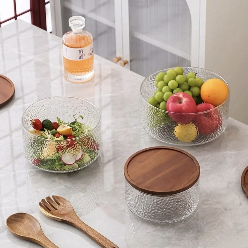 Textured Glass Storage Container with Wooden Lid | Full House Lebanon