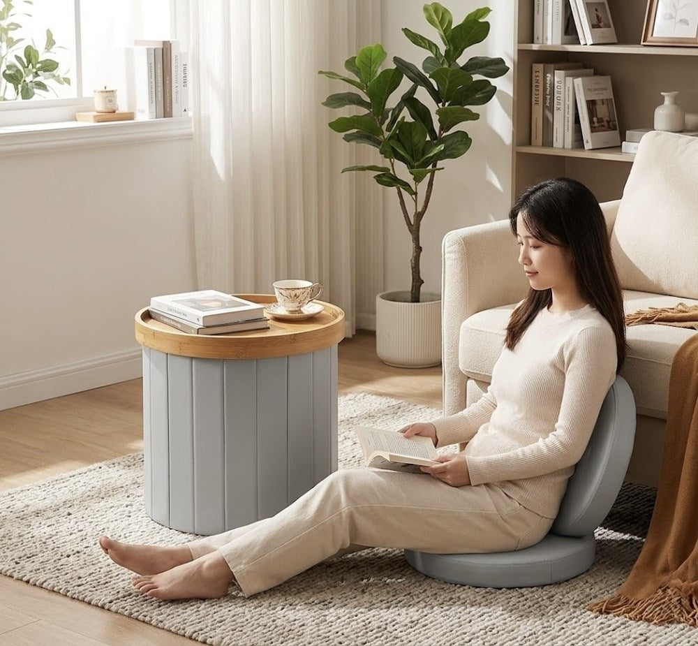 Round Storage Ottoman with a Removable Wooden Lid Top | Full House Lebanon