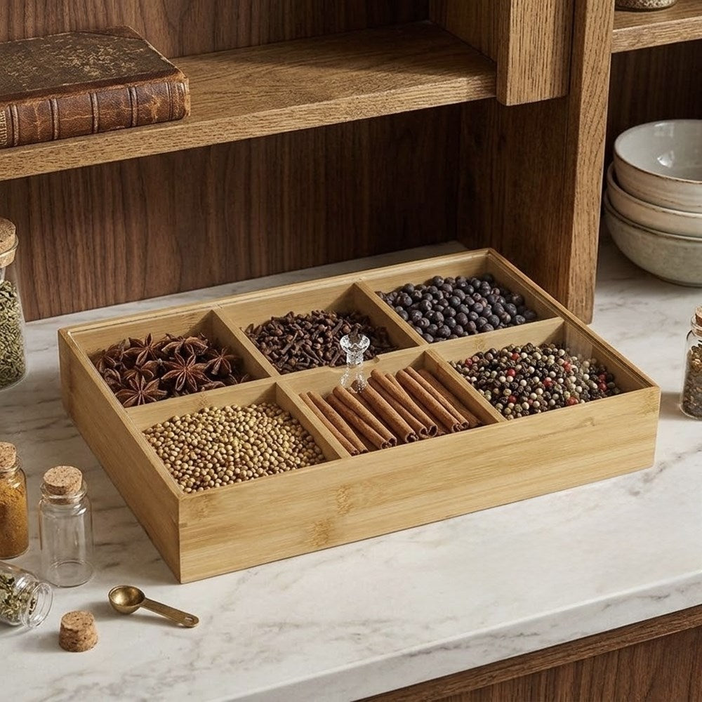 6-Compartment Bamboo  Rectangular  Snack Serving Tray with Lid | Full House Lebanon