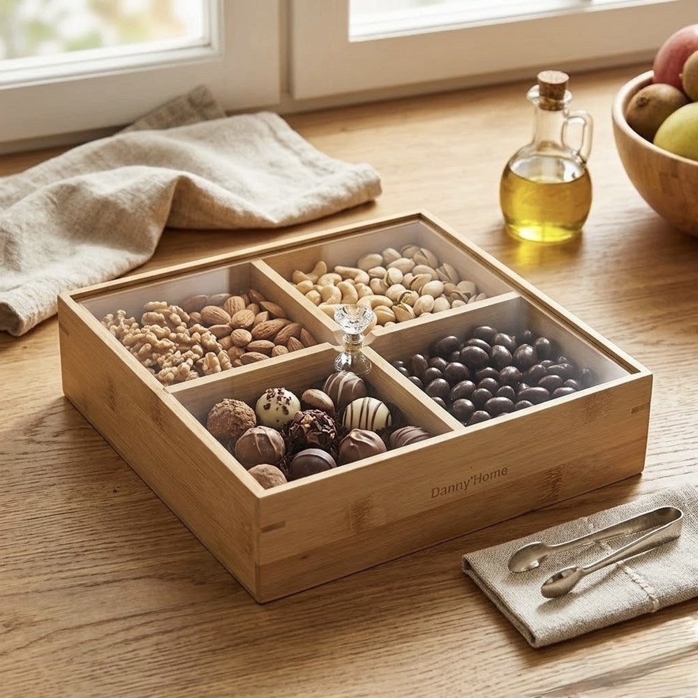 4-Compartment Bamboo  Square Snack Serving Tray with Lid | Full House Lebanon