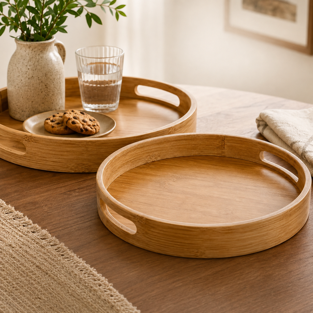 Round Bamboo Serving Tray with Handles | Full House Lebanon