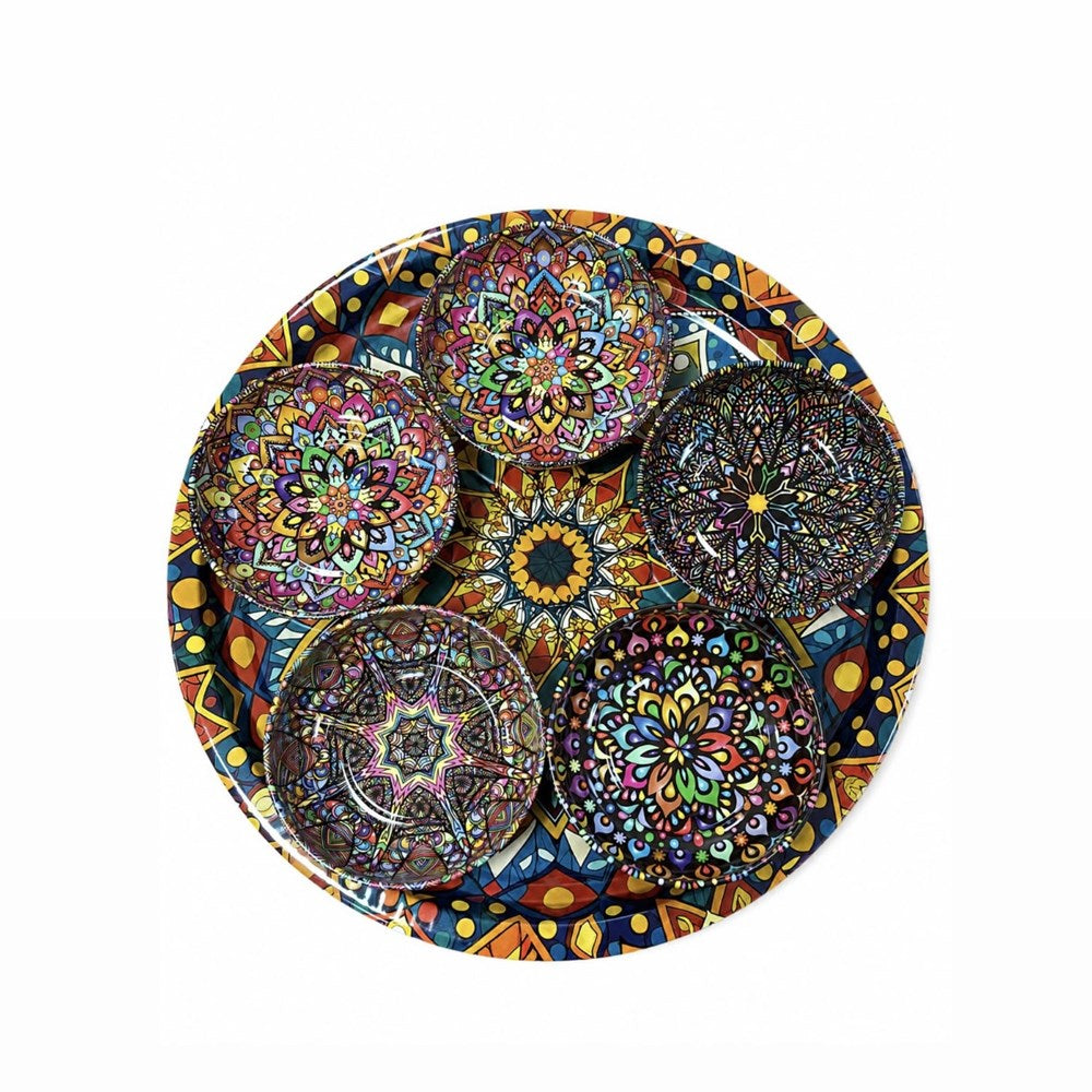 Round Metal  Printed Tray with 5 Bowls Set