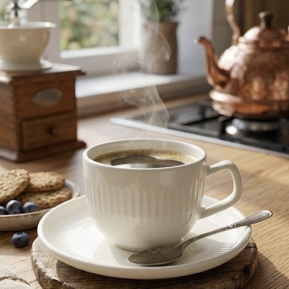 Tea / Coffee  White Ribbed Porcelain  Cup with Saucers (Half a dozen )