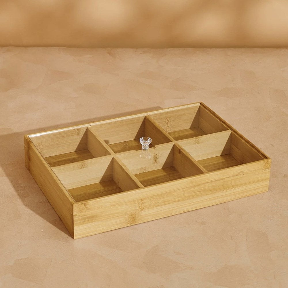 6-Compartment Bamboo  Rectangular  Snack Serving Tray with Lid | Full House Lebanon