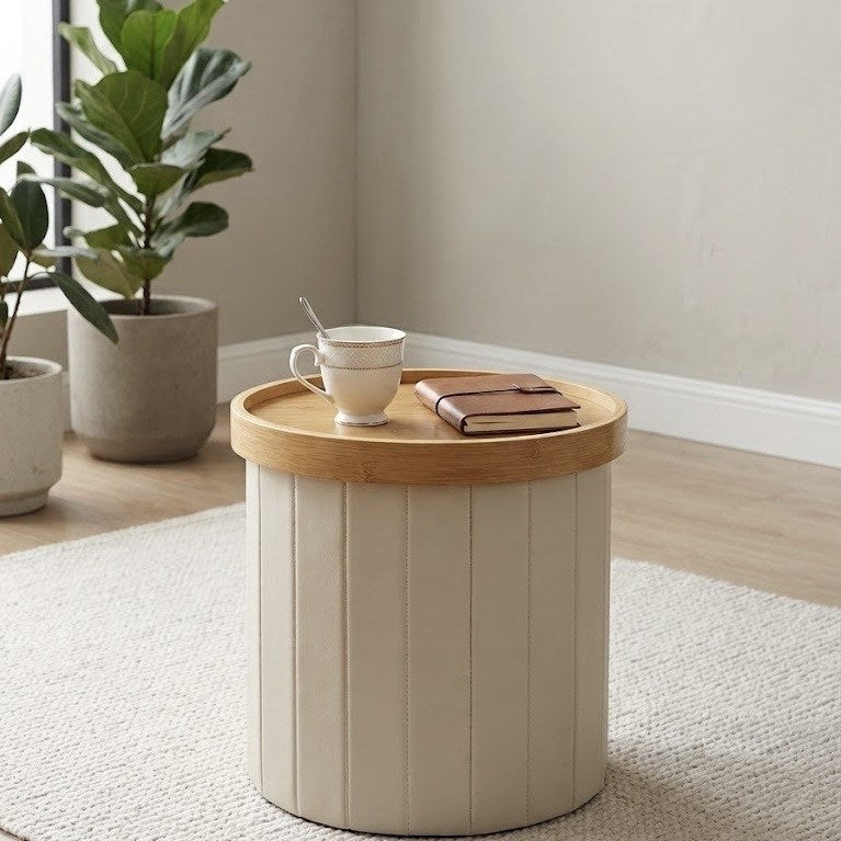 Round Storage Ottoman with a Removable Wooden Lid Top