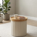 Round Storage Ottoman with a Removable Wooden Lid Top