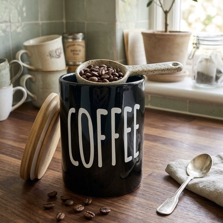 Black  Porcelain Canister with Bamboo Lid