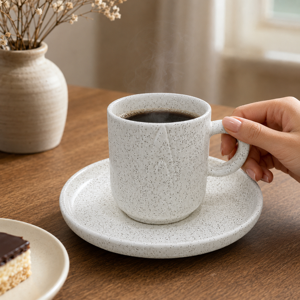 Modern Speckled Porcelain Espresso Cup & Saucer Set | Full House Lebanon