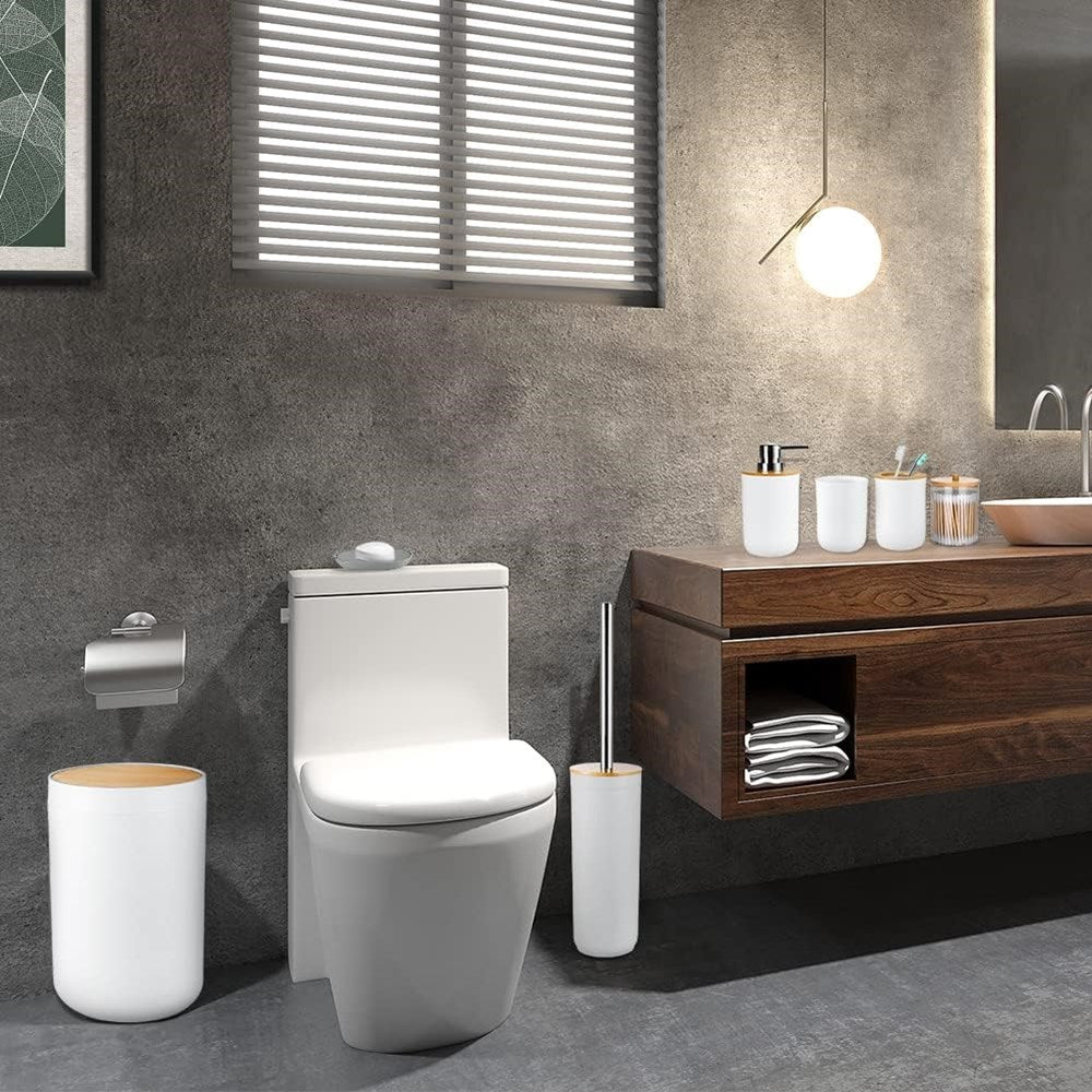 White Bathroom Accessories with Bamboo Lid - Get 3 pcs | Full House Lebanon