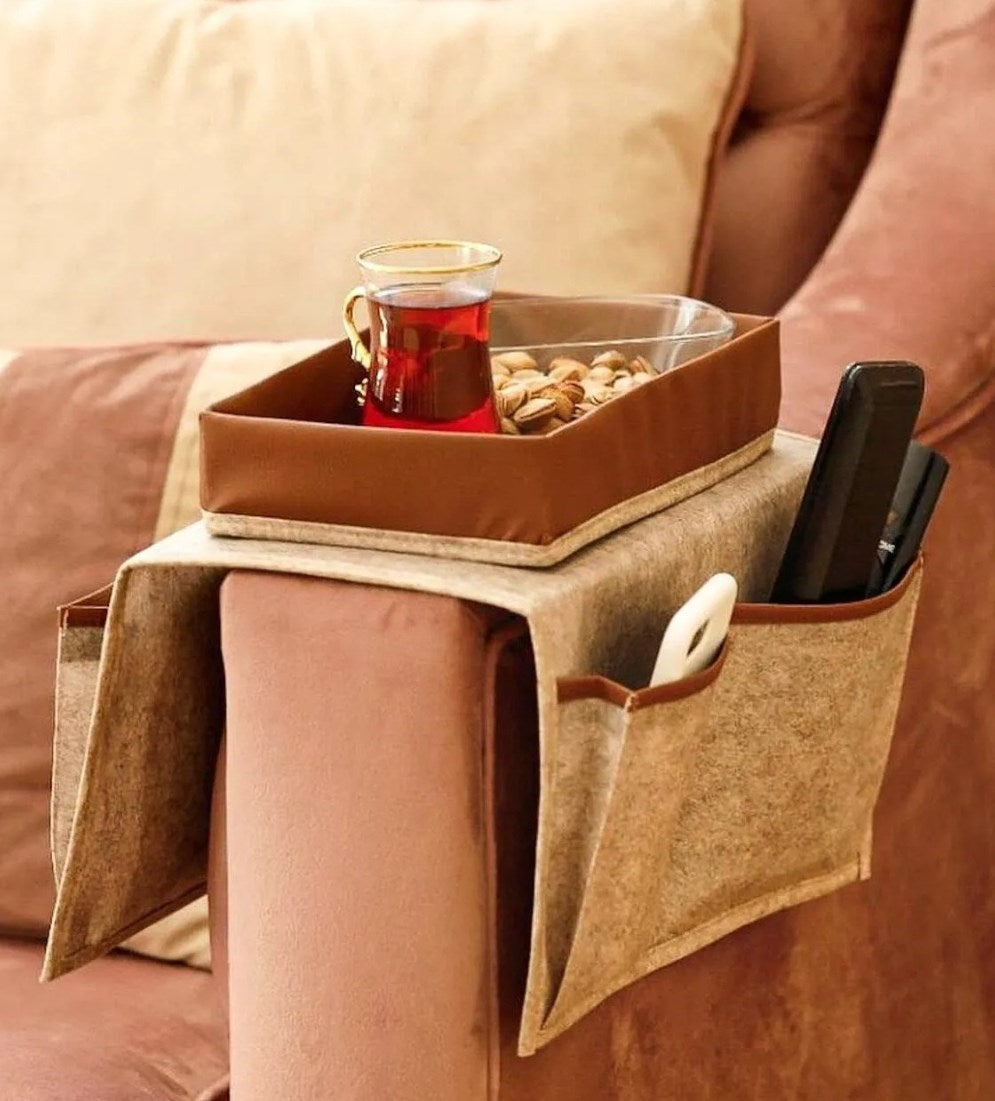 Felt Style Organizer with Leather Stipe - Beige | Full House Lebanon