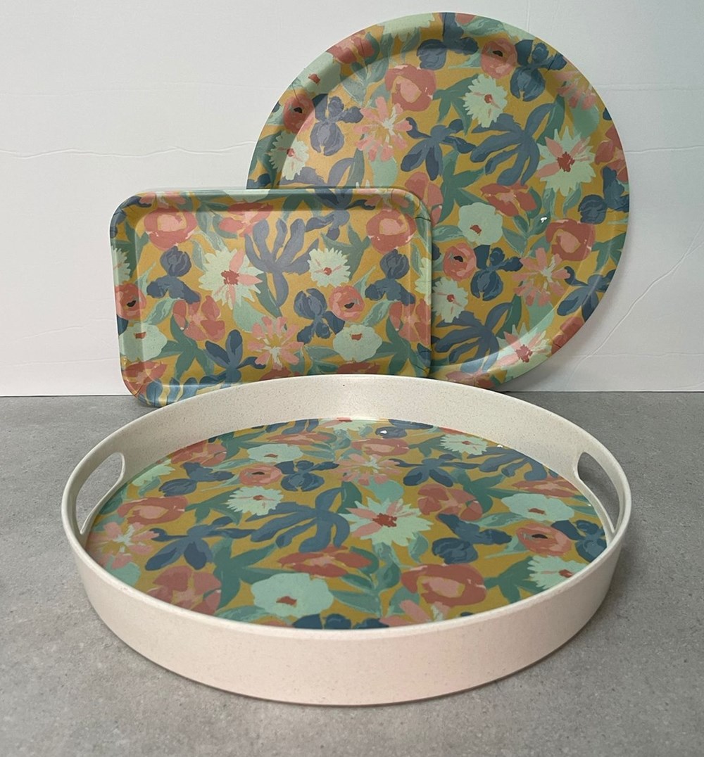 Exotic Floral Bamboo Fiber Tray - Round with Handles | Full House Lebanon