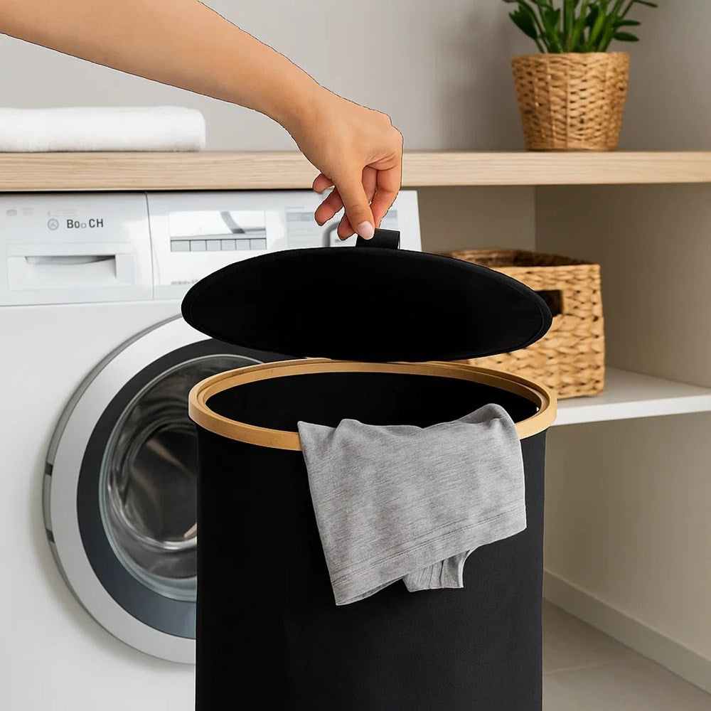 Round Fabric Laundry Basket with Bamboo Lid | Full House Lebanon