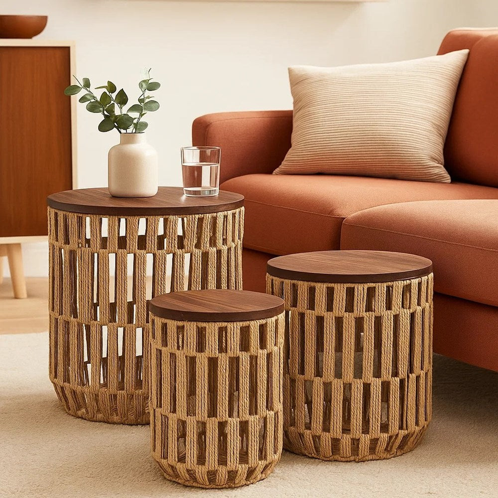 Round Woven Rope Side Tables Set (3 Pcs) | Full House Lebanon