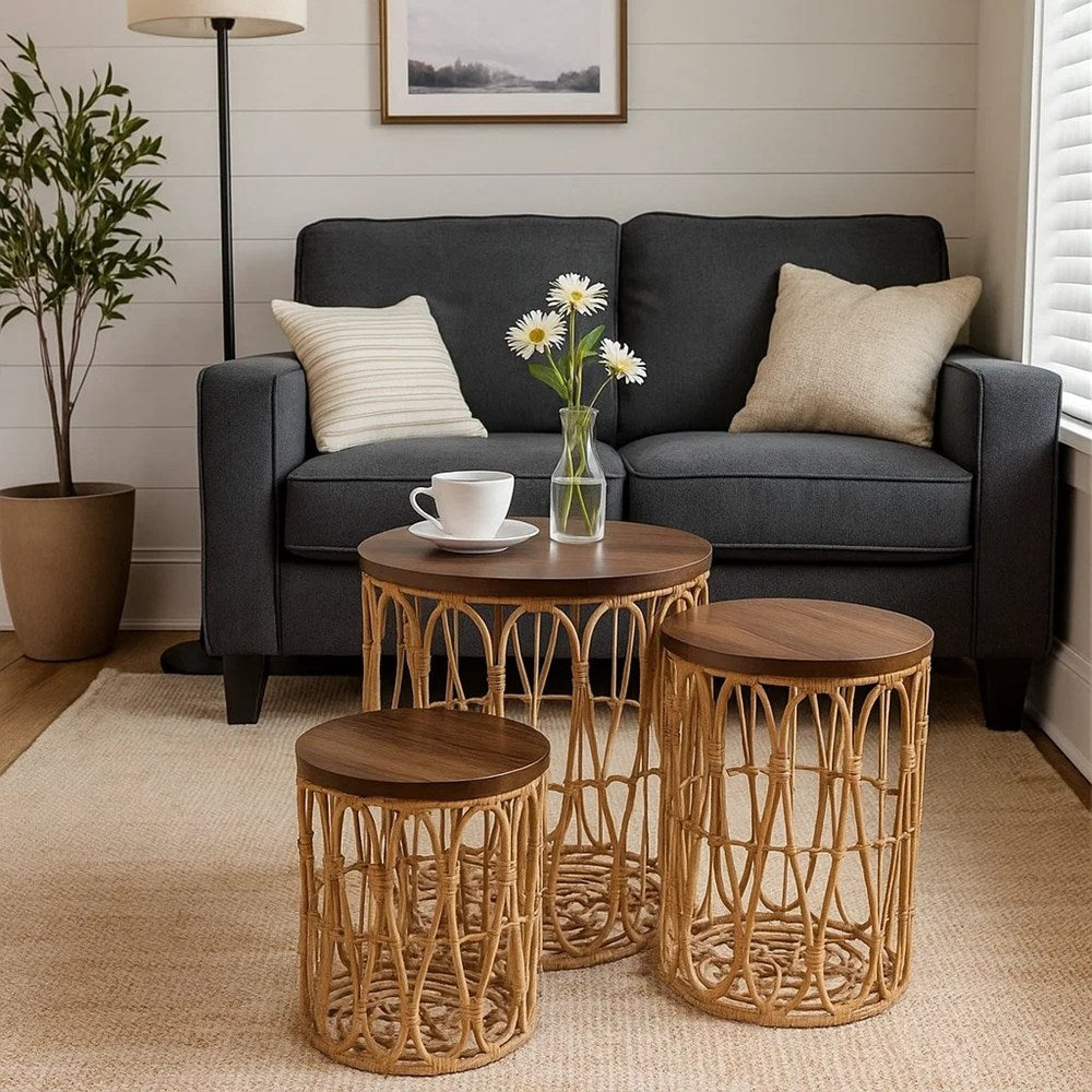 Rattan Nesting Coffee Table Set (3 Pcs) | Full House Lebanon