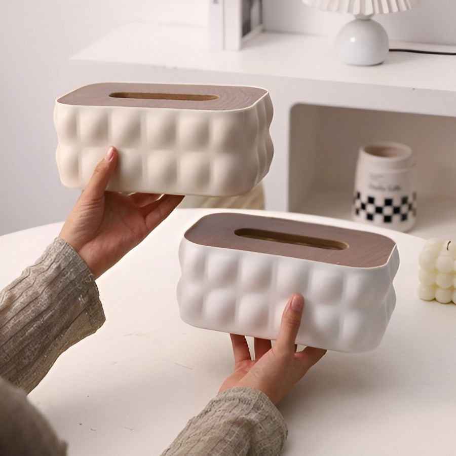 Embossed Plastic Tissue Box  with Wooden Lid | Full House Lebanon