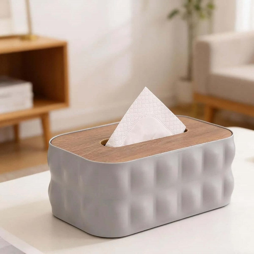 Embossed Plastic Tissue Box  with Wooden Lid