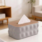 Embossed Plastic Tissue Box  with Wooden Lid