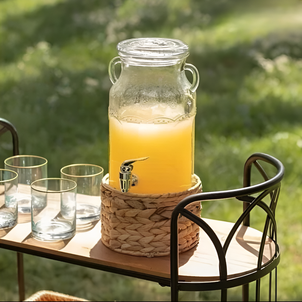 Glass Dispenser with Wooven Stand | Full House Lebanon