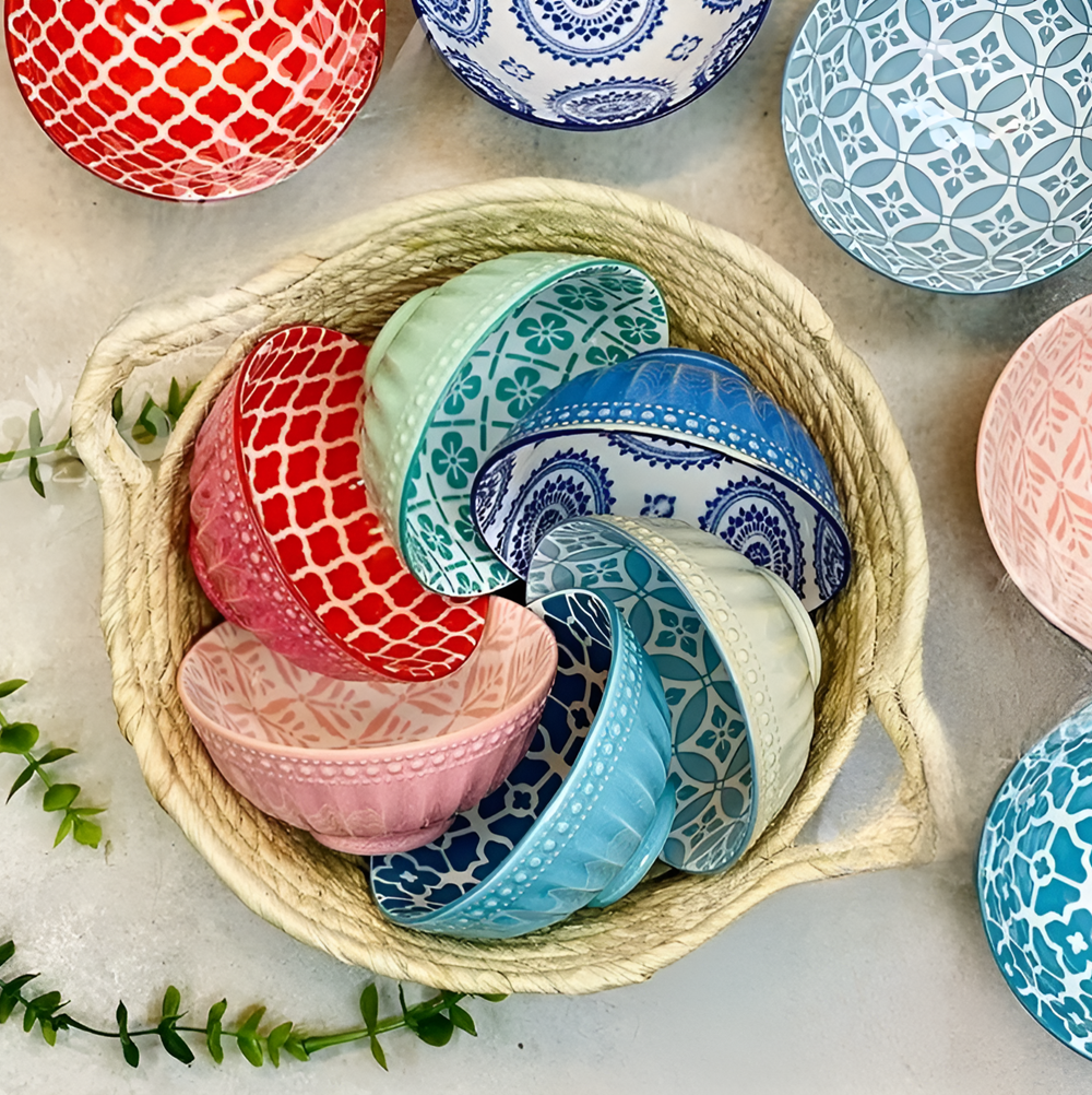 Vibrant Colorful Patterned Porcelain Bowl Set (6 Pcs) - Small | Full House Lebanon