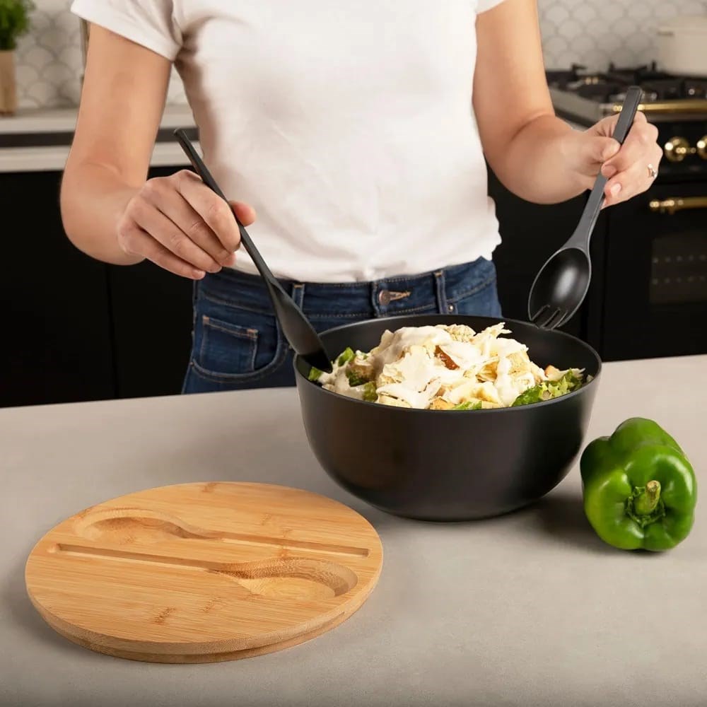 Salad Bowl Set with Bamboo Lid & Serving Utensils - Blue | Full House Lebanon