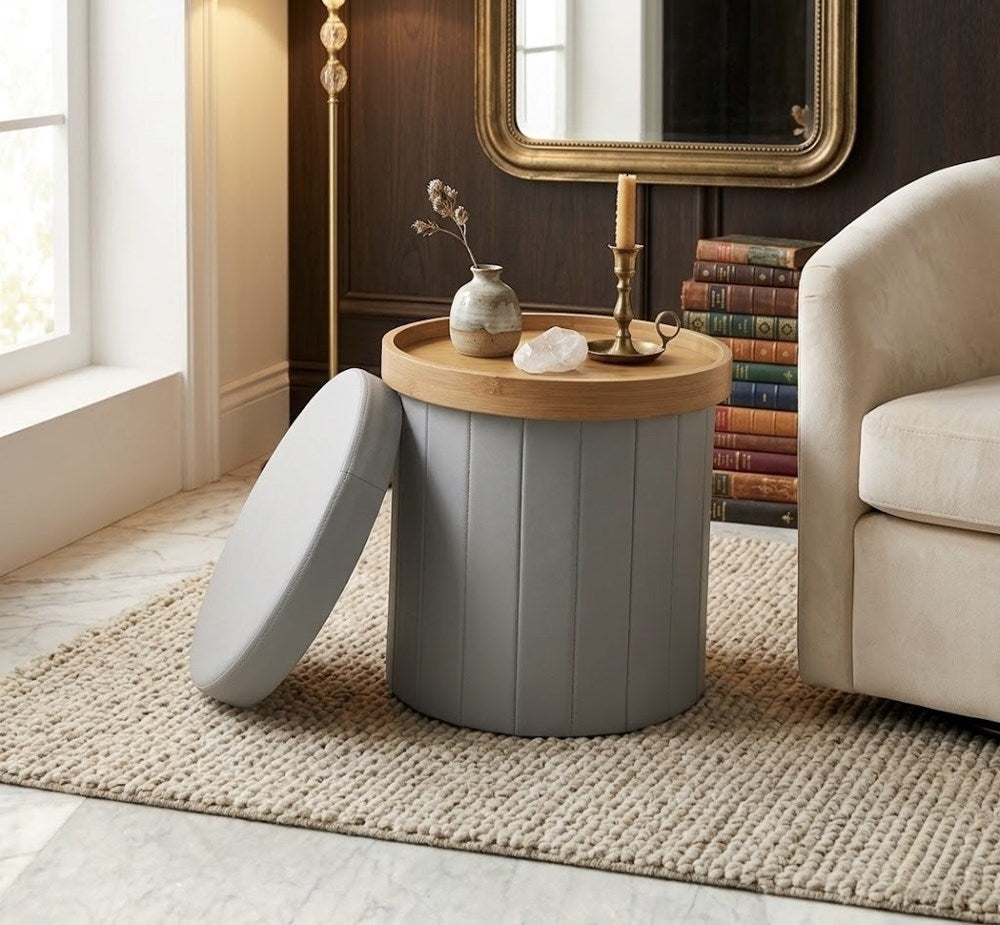 Round Storage Ottoman with a Removable Wooden Lid Top | Full House Lebanon