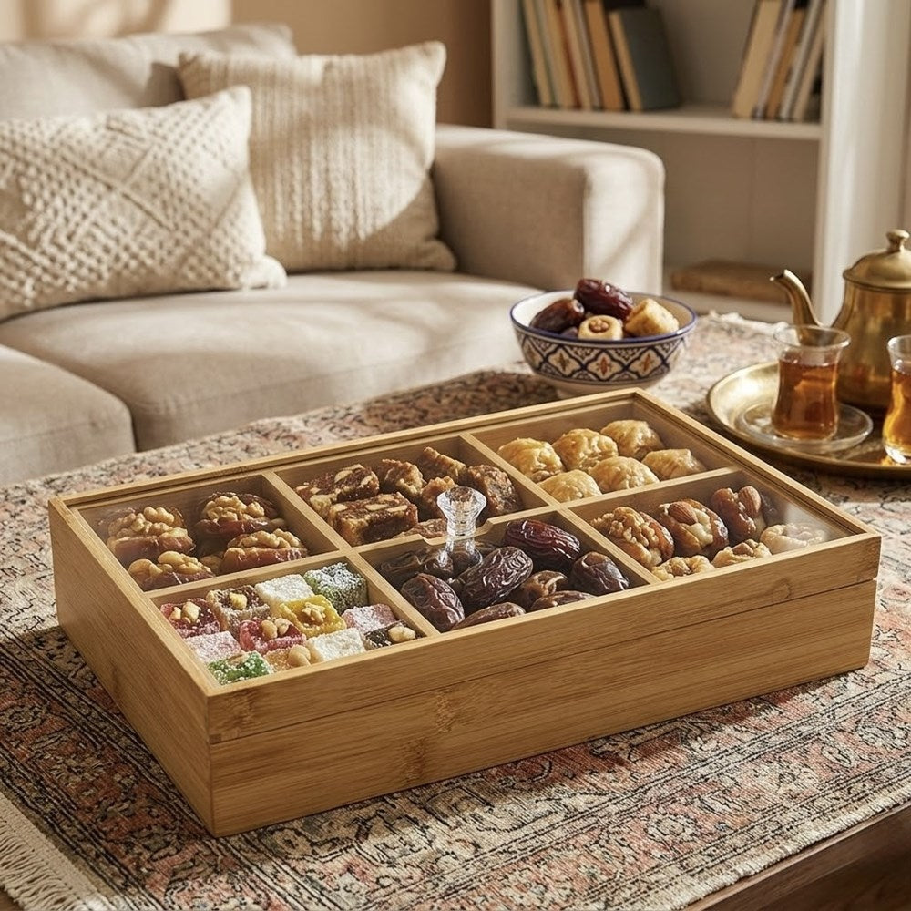 6-Compartment Bamboo  Rectangular  Snack Serving Tray with Lid | Full House Lebanon