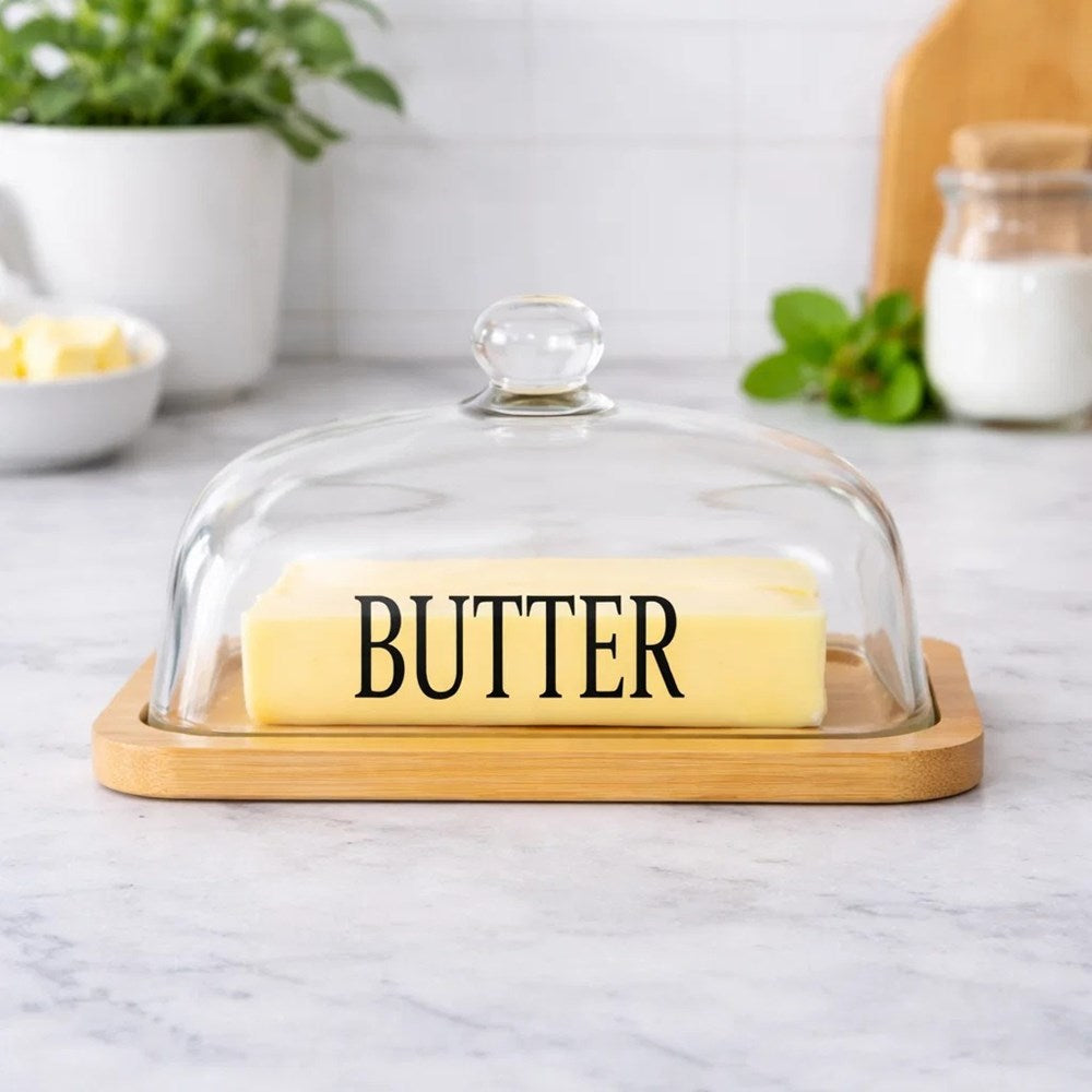 Glass Butter Dish with Wooden Base | Full House Lebanon